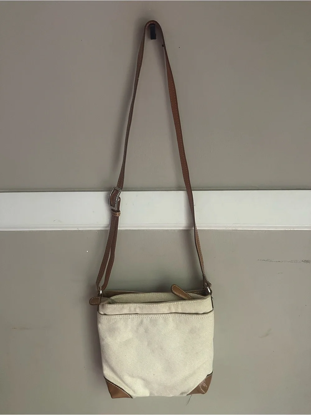 Brighton Canvas Crossbody Bag with Brown Leather Trim - Cream